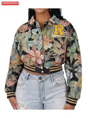 Women's Floral Cropped Bomber Jacket Varsity Letter Patch